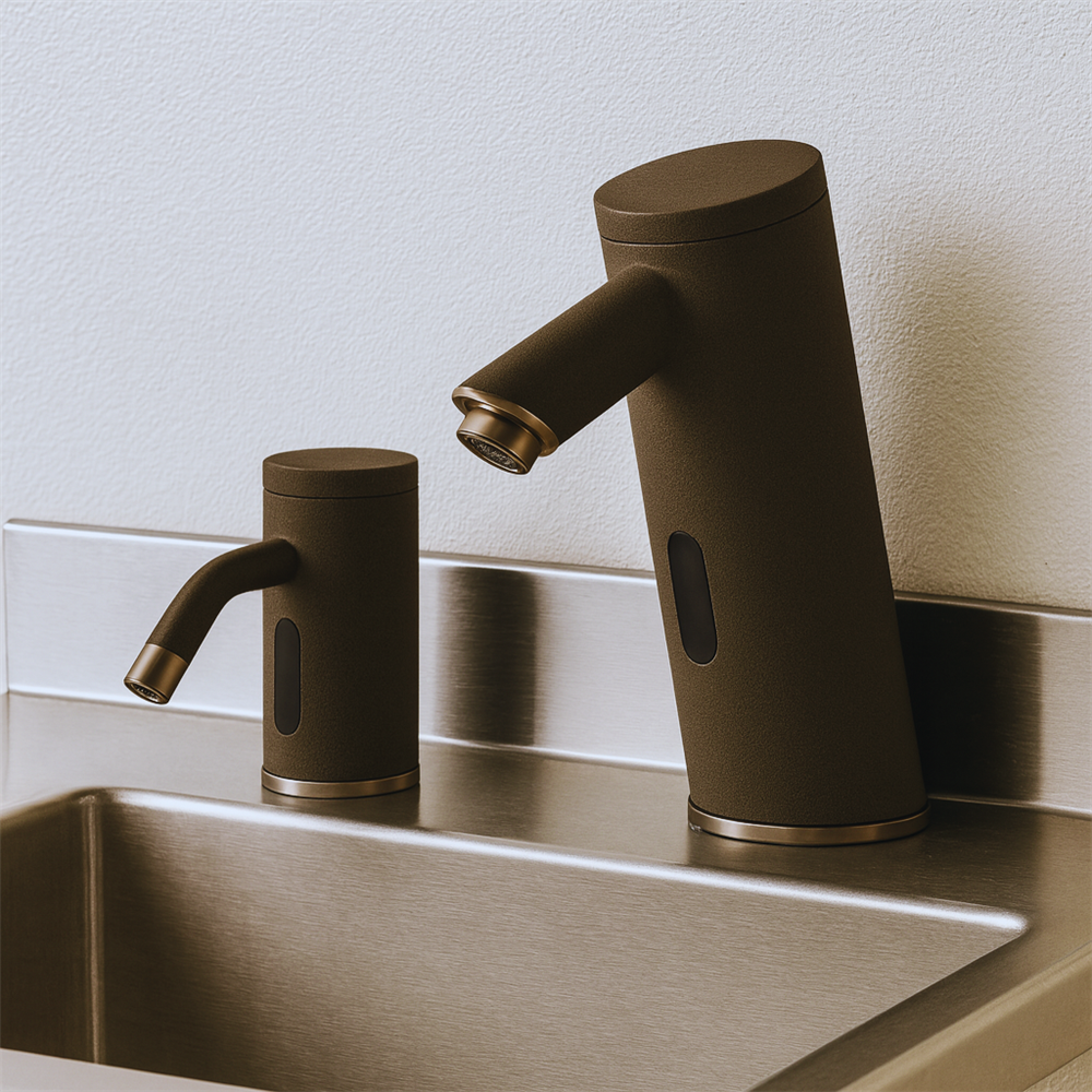 Close-up of brushed gold accent on contemporary touchless faucet and dispenser set